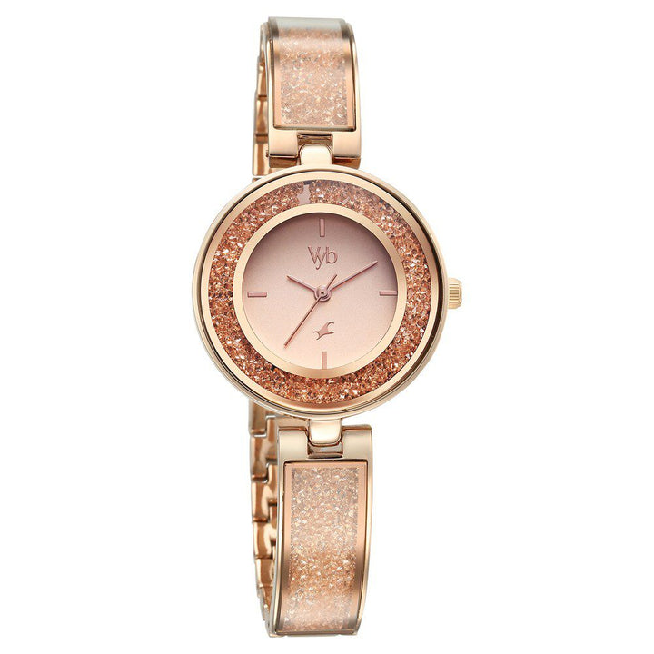 Fastrack Vyb Starlet Quartz Analog Pink Dial Rose Gold Color Metal Strap Watch For Girls FV60053WM02W