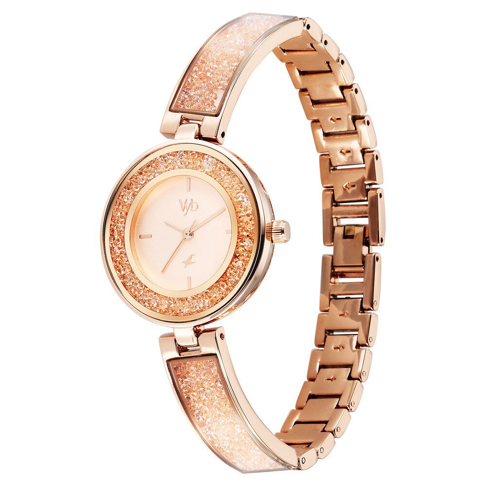 Fastrack Vyb Starlet Quartz Analog Pink Dial Rose Gold Color Metal Strap Watch For Girls FV60053WM02W