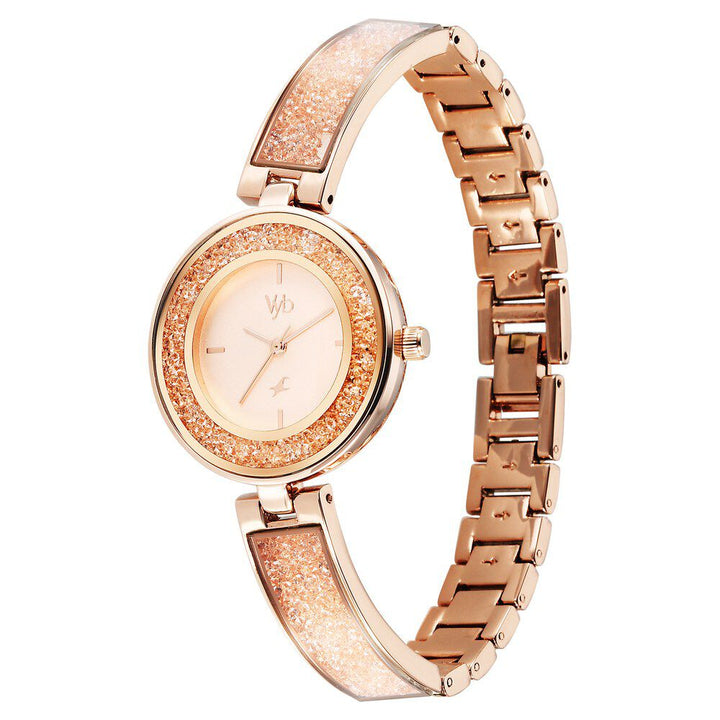 Fastrack Vyb Starlet Quartz Analog Pink Dial Rose Gold Color Metal Strap Watch For Girls FV60053WM02W