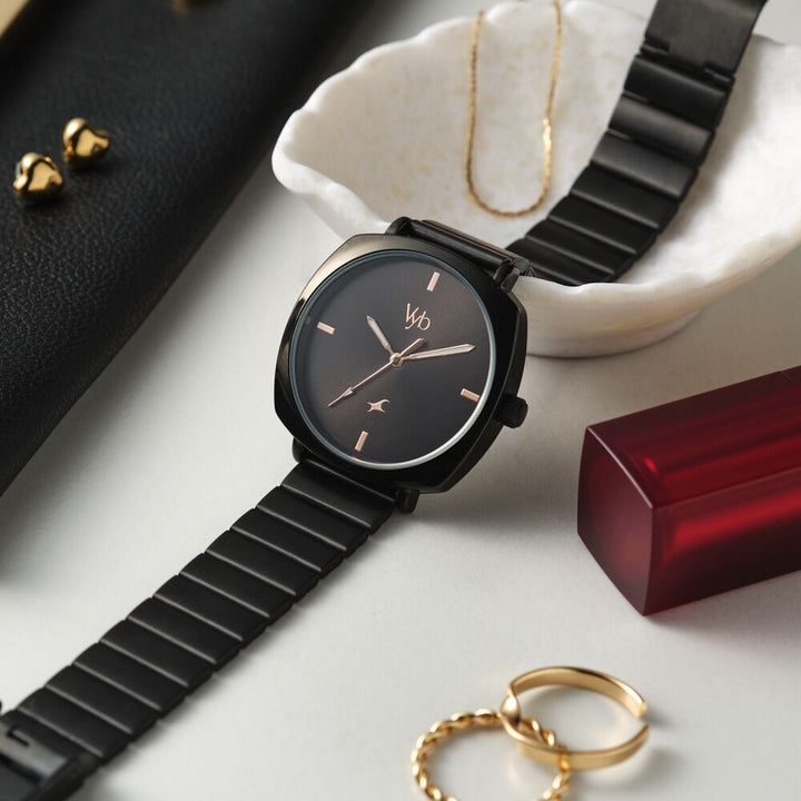 Fastrack Vyb Minimalist Quartz Analog Black Dial Black Color Metal Strap Watch for Girls - FV60054KM01W