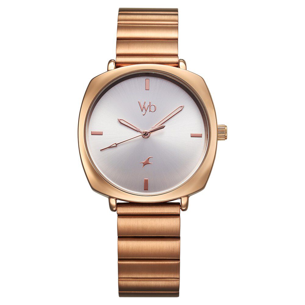 Fastrack Vyb Minimalist Quartz Analog Silver Dial Rose Gold Color Metal Strap Watch for Girls - FV60054WM01W