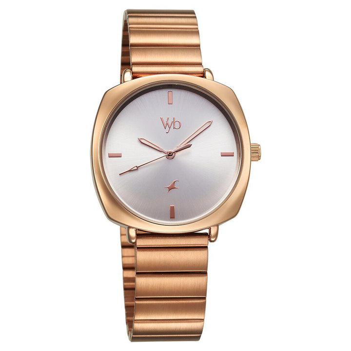 Fastrack Vyb Minimalist Quartz Analog Silver Dial Rose Gold Color Metal Strap Watch for Girls - FV60054WM01W
