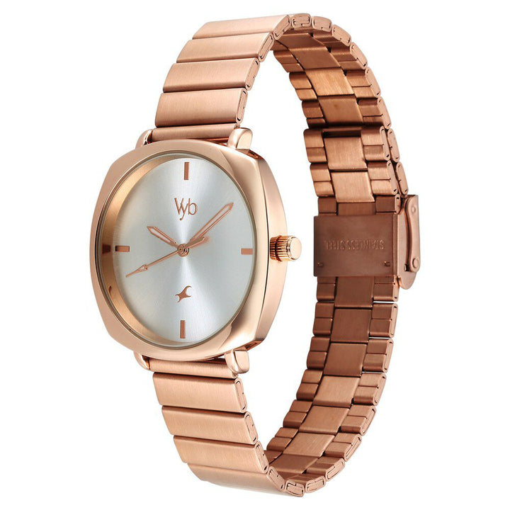 Fastrack Vyb Minimalist Quartz Analog Silver Dial Rose Gold Color Metal Strap Watch for Girls - FV60054WM01W