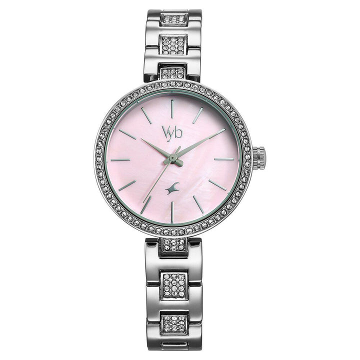 Fastrack Vyb Diva Quartz Analog Mother Of Pearl Dial Silver Metal Strap Watch For Girls FV60055SM01W