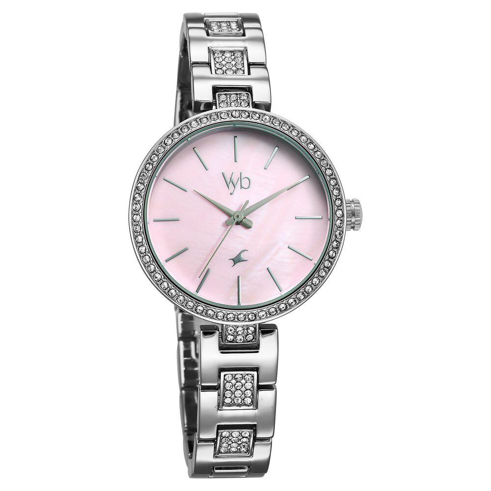 Fastrack Vyb Diva Quartz Analog Mother Of Pearl Dial Silver Metal Strap Watch For Girls FV60055SM01W