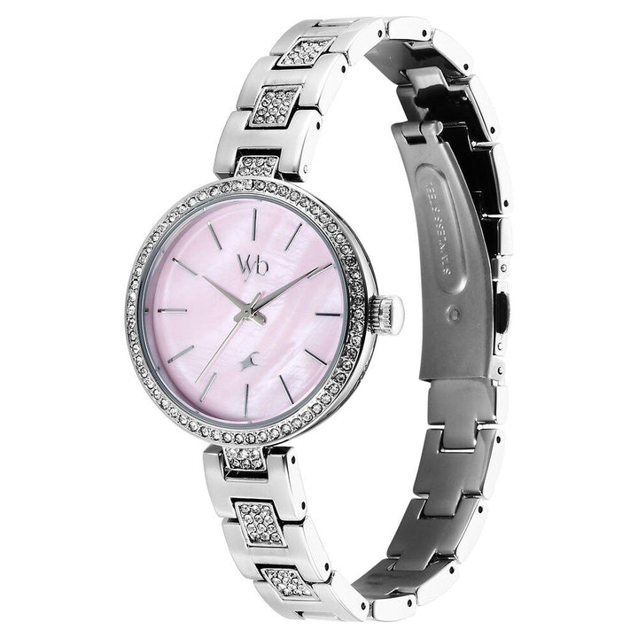 Fastrack Vyb Diva Quartz Analog Mother Of Pearl Dial Silver Metal Strap Watch For Girls FV60055SM01W