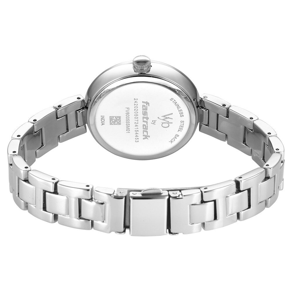 Fastrack Vyb Diva Quartz Analog Mother Of Pearl Dial Silver Metal Strap Watch For Girls FV60055SM01W