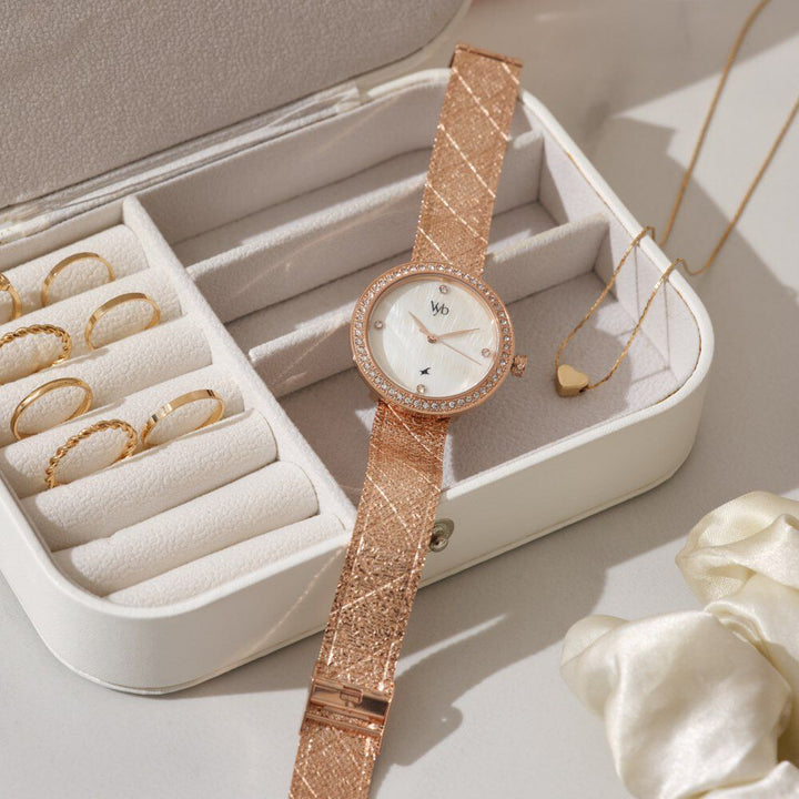 Fastrack Vyb Eclipse Quartz Analog Mother of Pearl Dial Rose Gold Color Metal Strap Watch For Girls FV60056WM01W