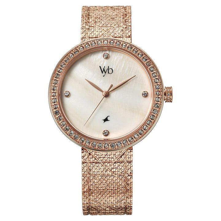 Fastrack Vyb Eclipse Quartz Analog Mother of Pearl Dial Rose Gold Color Metal Strap Watch For Girls FV60056WM01W