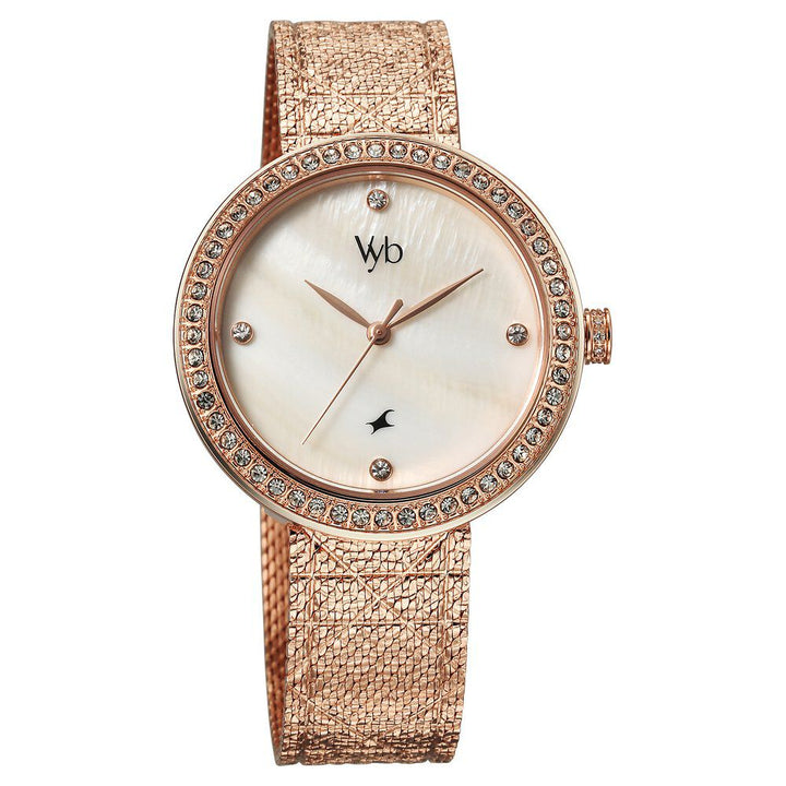 Fastrack Vyb Eclipse Quartz Analog Mother of Pearl Dial Rose Gold Color Metal Strap Watch For Girls FV60056WM01W