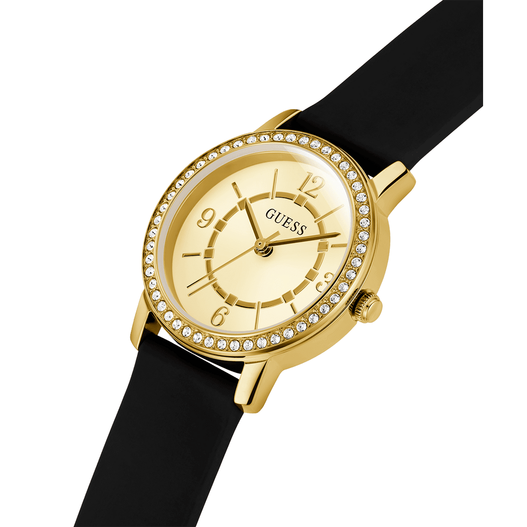 GUESS Ladies Black Gold Tone Analog Watch