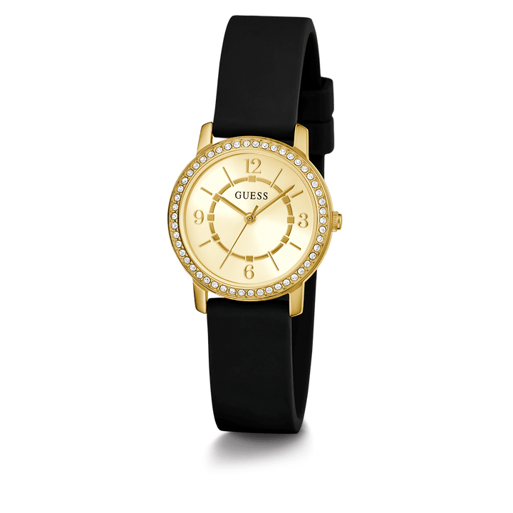 GUESS Ladies Black Gold Tone Analog Watch