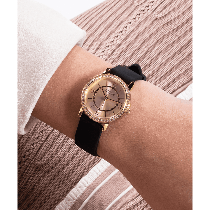 GUESS Ladies Black Gold Tone Analog Watch