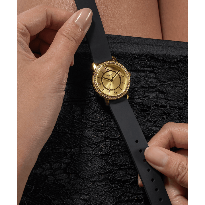 GUESS Ladies Black Gold Tone Analog Watch