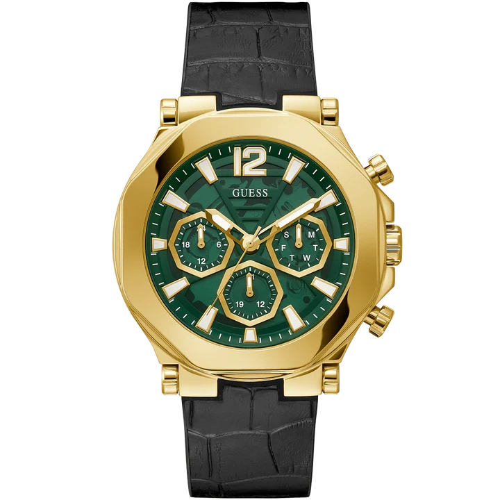 GUESS Mens Black Gold Tone Multi-function Watch