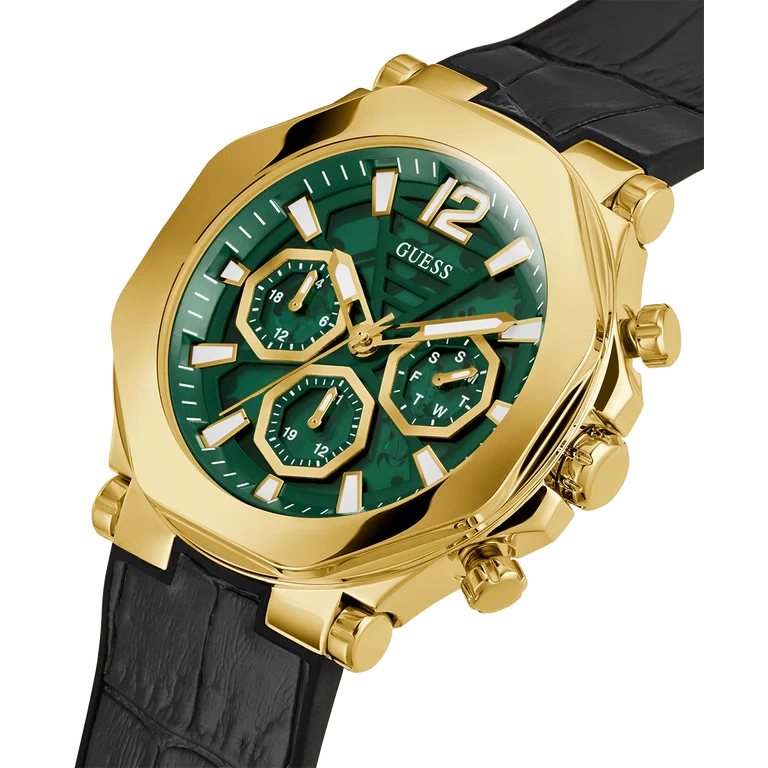 GUESS Mens Black Gold Tone Multi-function Watch