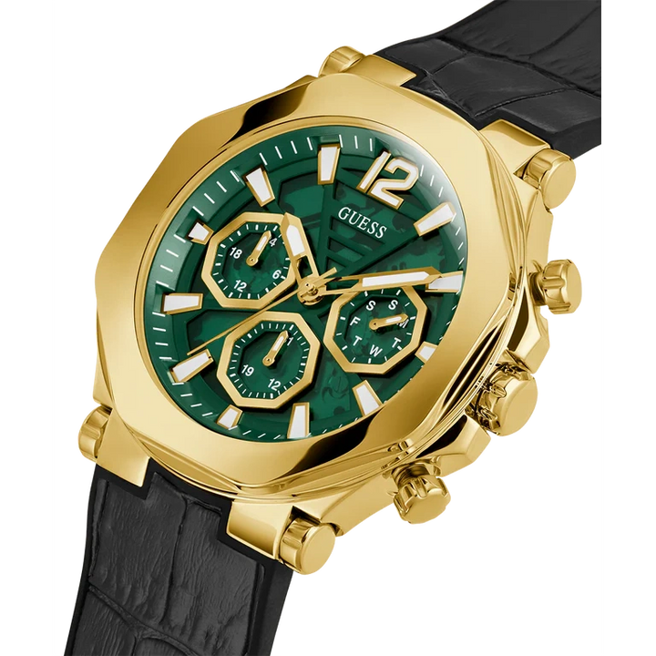 GUESS Mens Black Gold Tone Multi-function Watch