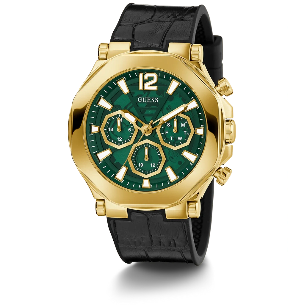 GUESS Mens Black Gold Tone Multi-function Watch