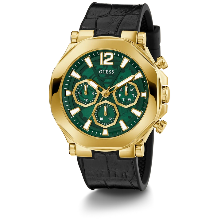 GUESS Mens Black Gold Tone Multi-function Watch