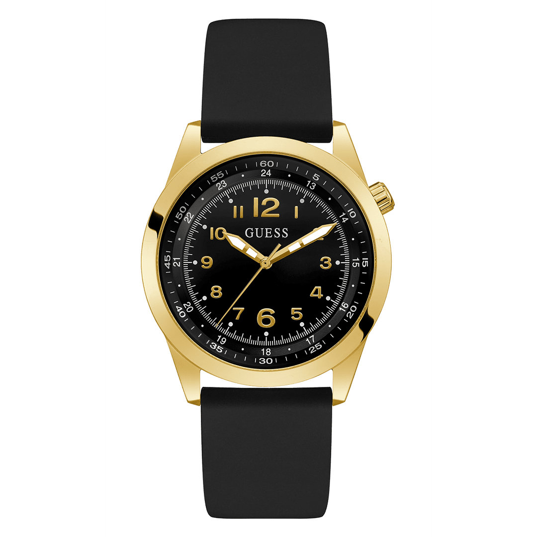 GUESS Mens Black Gold Tone Analog Watch