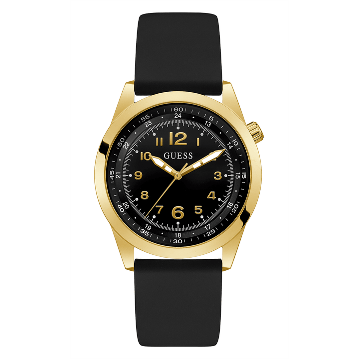 GUESS Mens Black Gold Tone Analog Watch