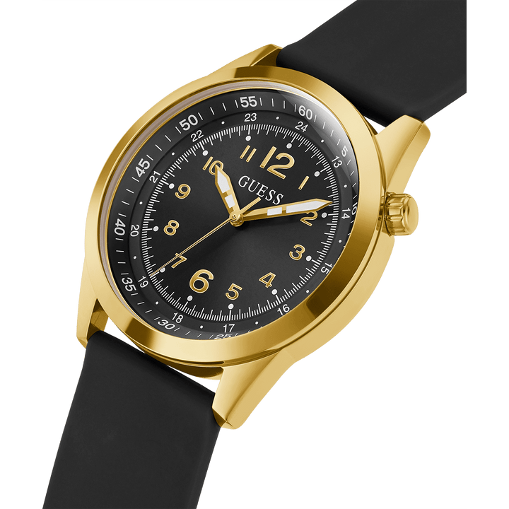 GUESS Mens Black Gold Tone Analog Watch