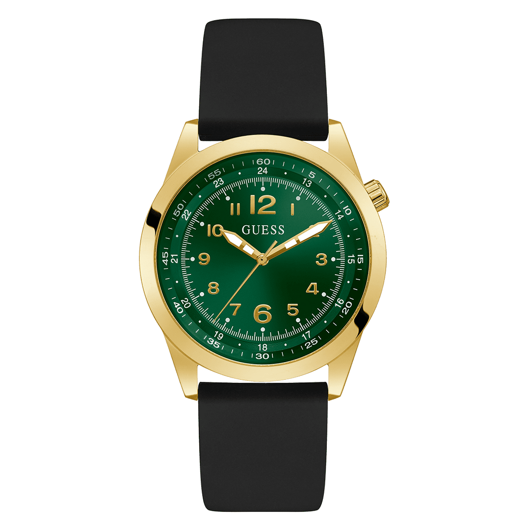 GUESS Mens Black Gold Tone Analog Watch