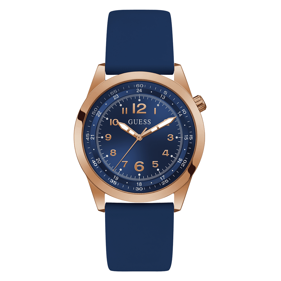 GUESS Mens Blue Rose Gold Tone Analog Watch