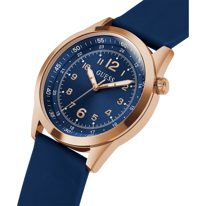 GUESS Mens Blue Rose Gold Tone Analog Watch