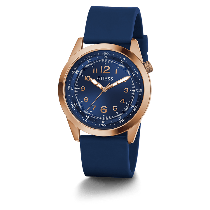 GUESS Mens Blue Rose Gold Tone Analog Watch