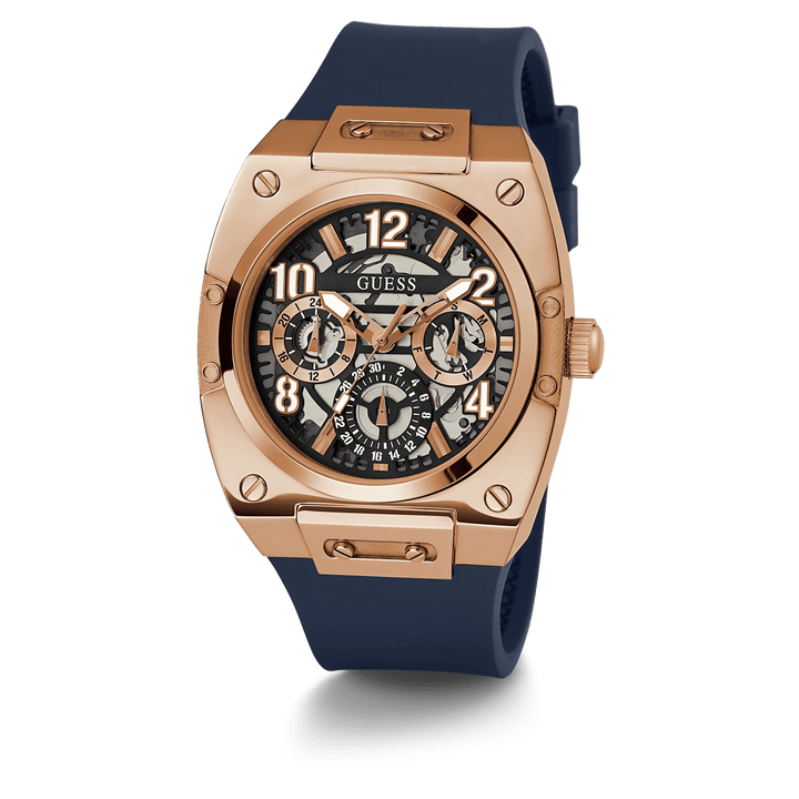 GUESS Mens Navy Rose Gold Tone Multi-Function Watch