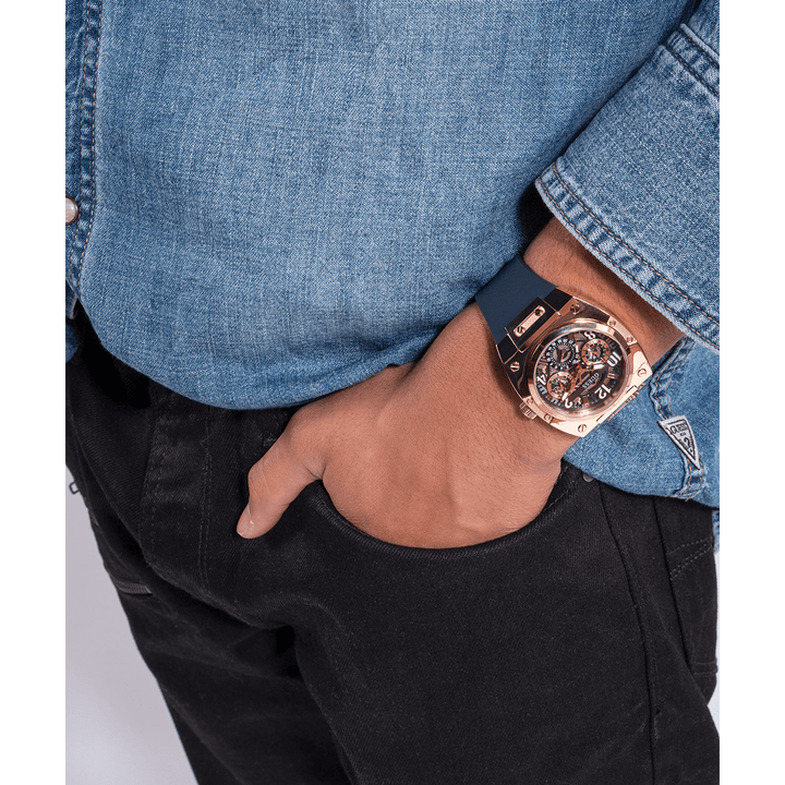 GUESS Mens Navy Rose Gold Tone Multi-Function Watch