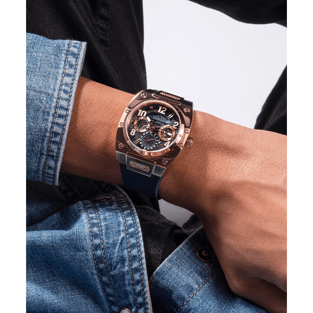GUESS Mens Navy Rose Gold Tone Multi-Function Watch