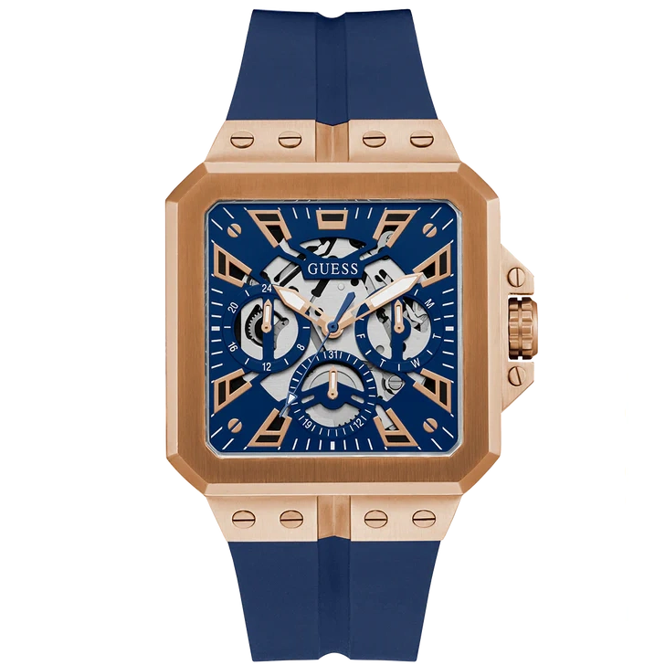 GUESS Mens Blue Rose Gold Tone Multi-function Watch 42 mm