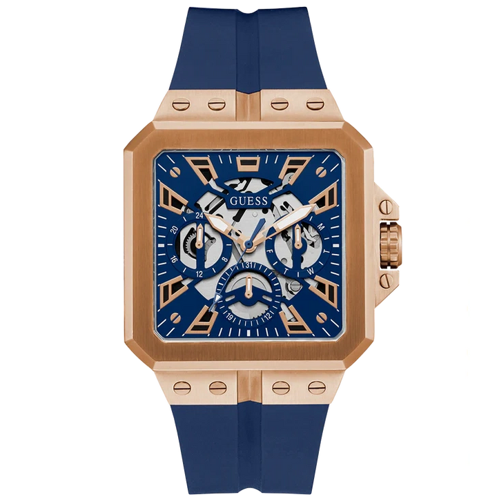 GUESS Mens Blue Rose Gold Tone Multi-function Watch 42 mm