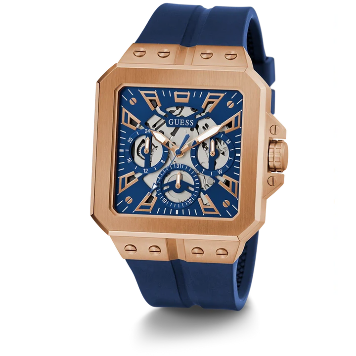 GUESS Mens Blue Rose Gold Tone Multi-function Watch 42 mm