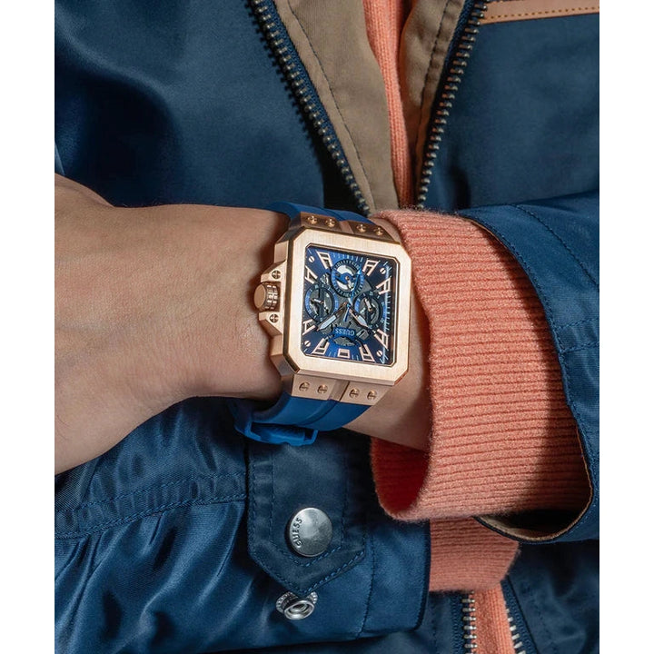 GUESS Mens Blue Rose Gold Tone Multi-function Watch 42 mm