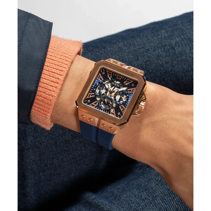 GUESS Mens Blue Rose Gold Tone Multi-function Watch 42 mm