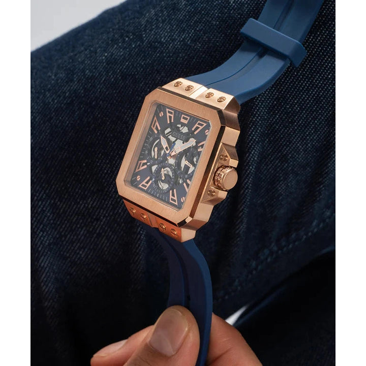 GUESS Mens Blue Rose Gold Tone Multi-function Watch 42 mm