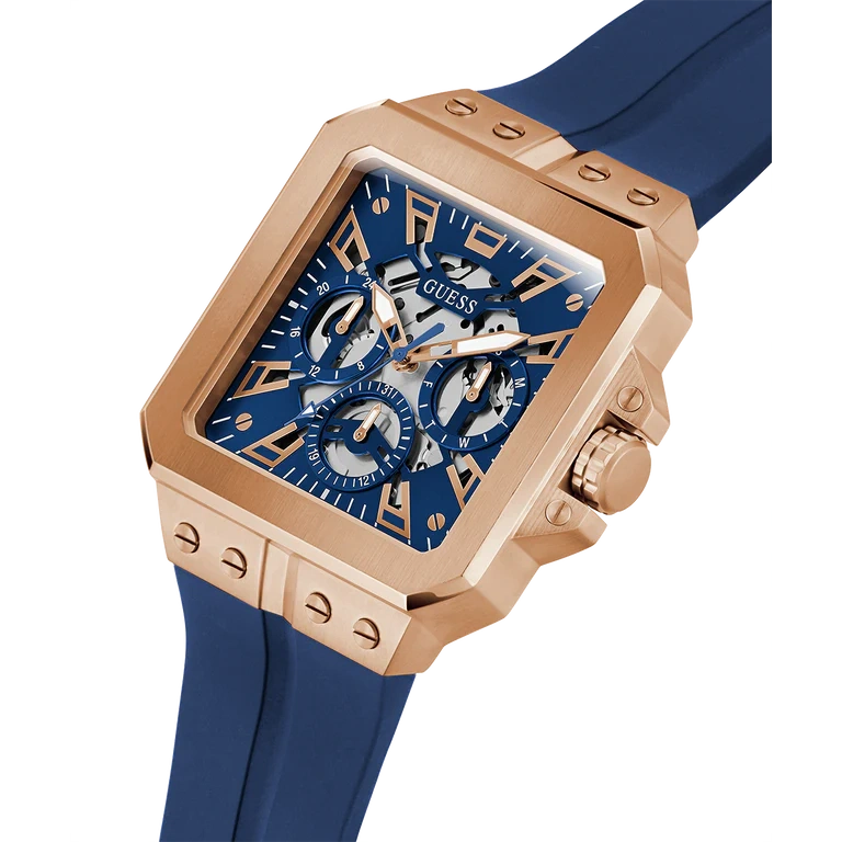 GUESS Mens Blue Rose Gold Tone Multi-function Watch 42 mm