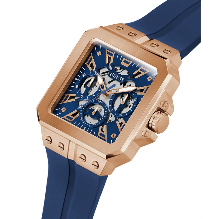 GUESS Mens Blue Rose Gold Tone Multi-function Watch 42 mm