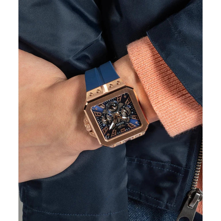 GUESS Mens Blue Rose Gold Tone Multi-function Watch 42 mm