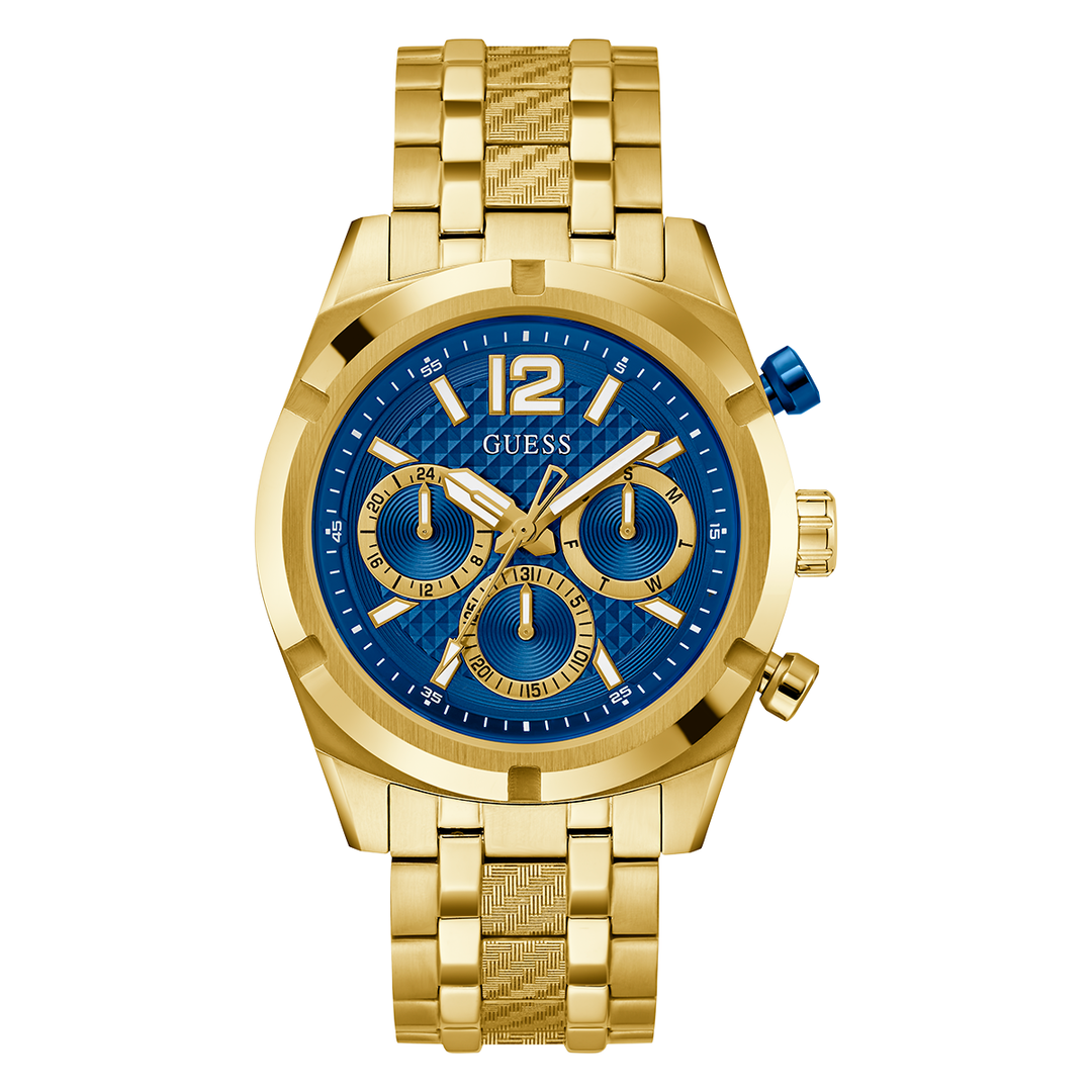 GUESS Mens Gold Tone Multi-function Watch with Chrono-look Dial