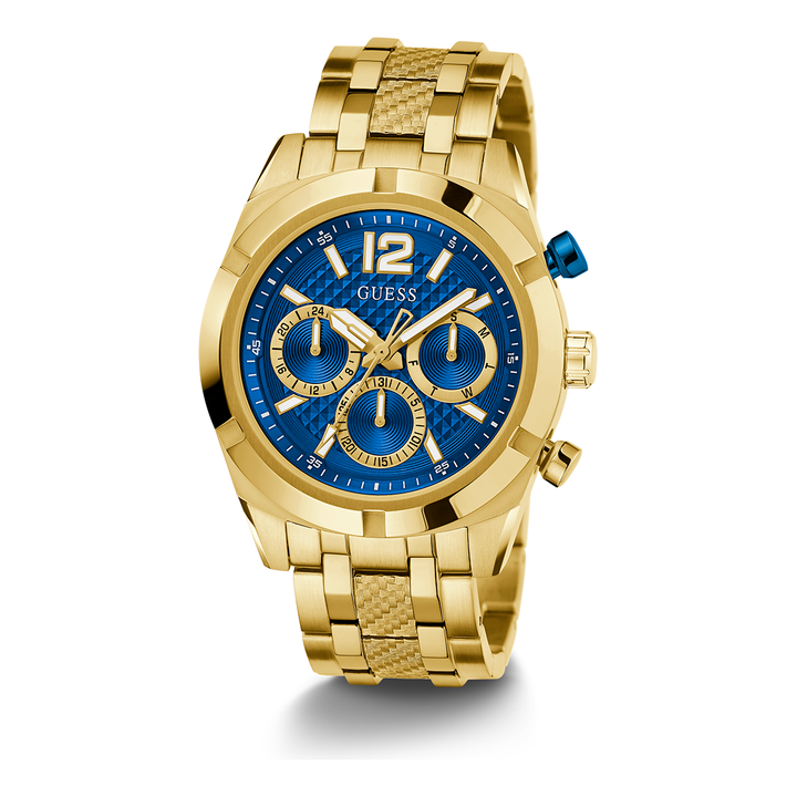 GUESS Mens Gold Tone Multi-function Watch with Chrono-look Dial
