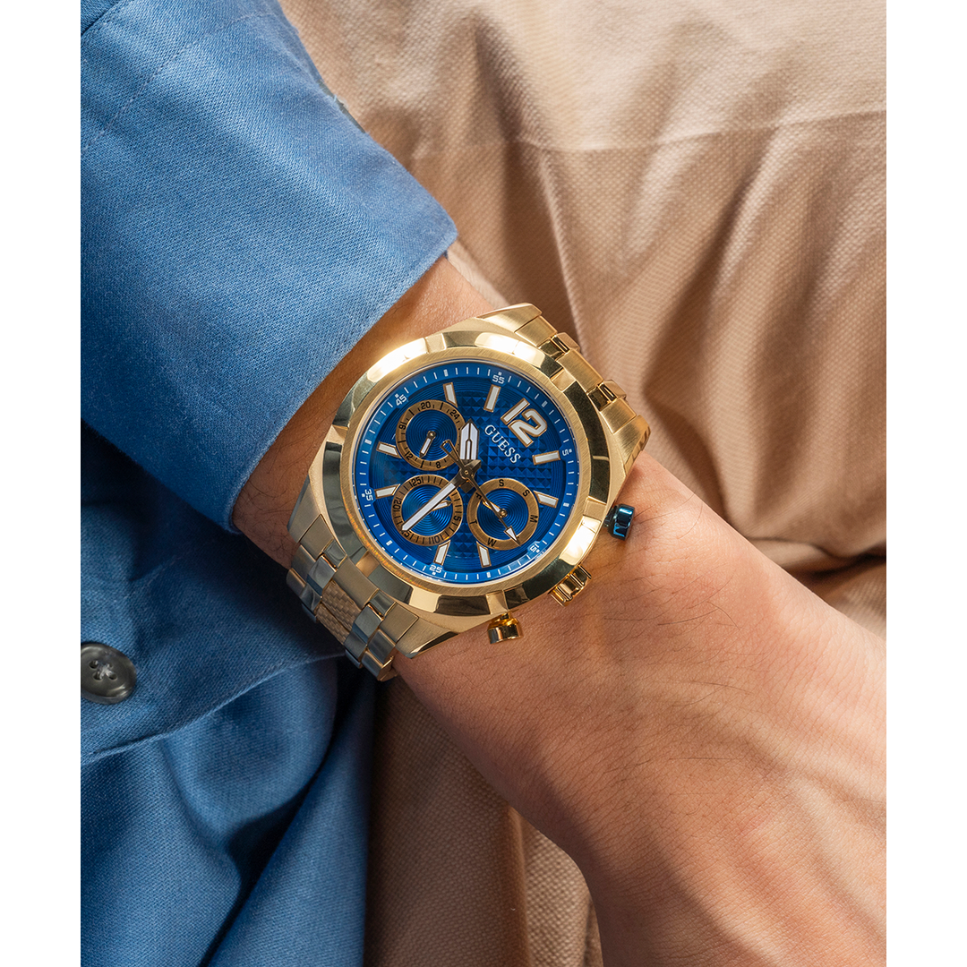 GUESS Mens Gold Tone Multi-function Watch with Chrono-look Dial