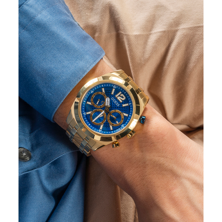 GUESS Mens Gold Tone Multi-function Watch with Chrono-look Dial