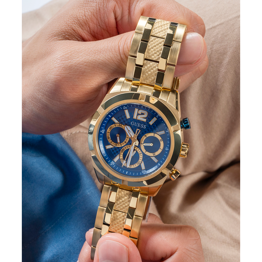 GUESS Mens Gold Tone Multi-function Watch with Chrono-look Dial