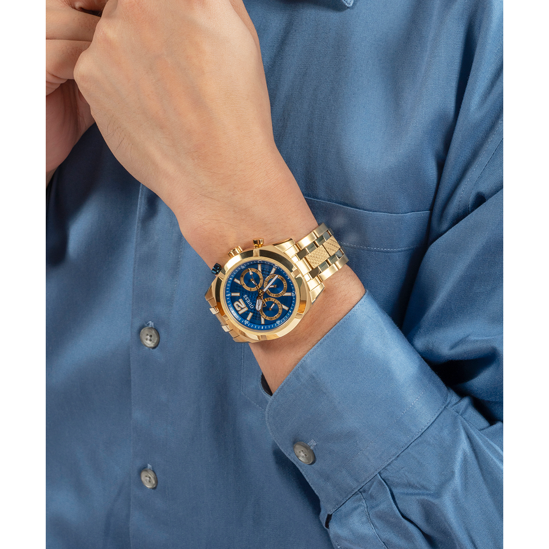 GUESS Mens Gold Tone Multi-function Watch with Chrono-look Dial