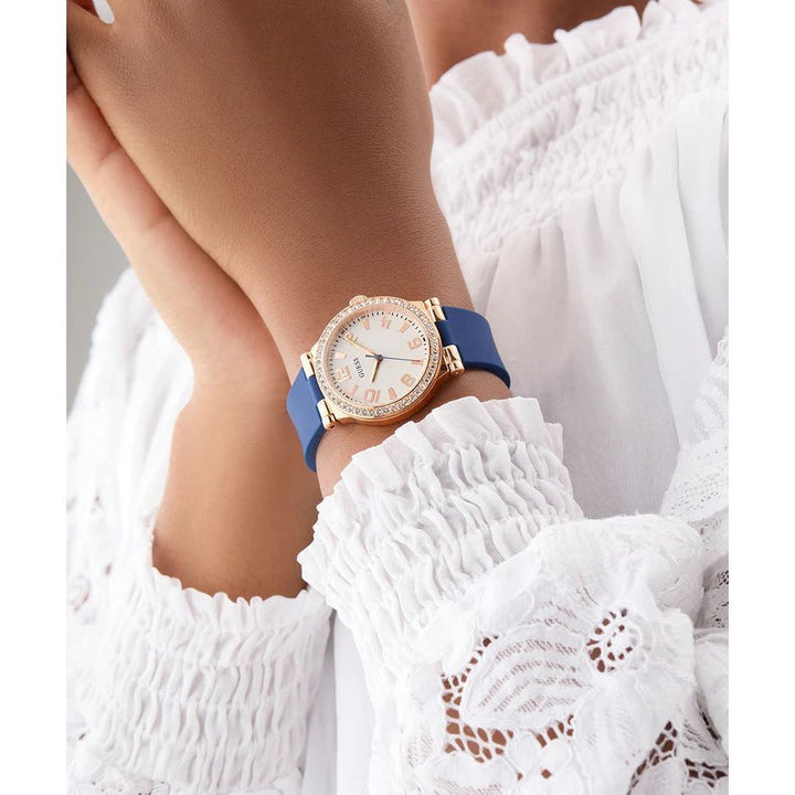 GUESS Ladies Blue Rose Gold Tone Analog Watch GW0844L3