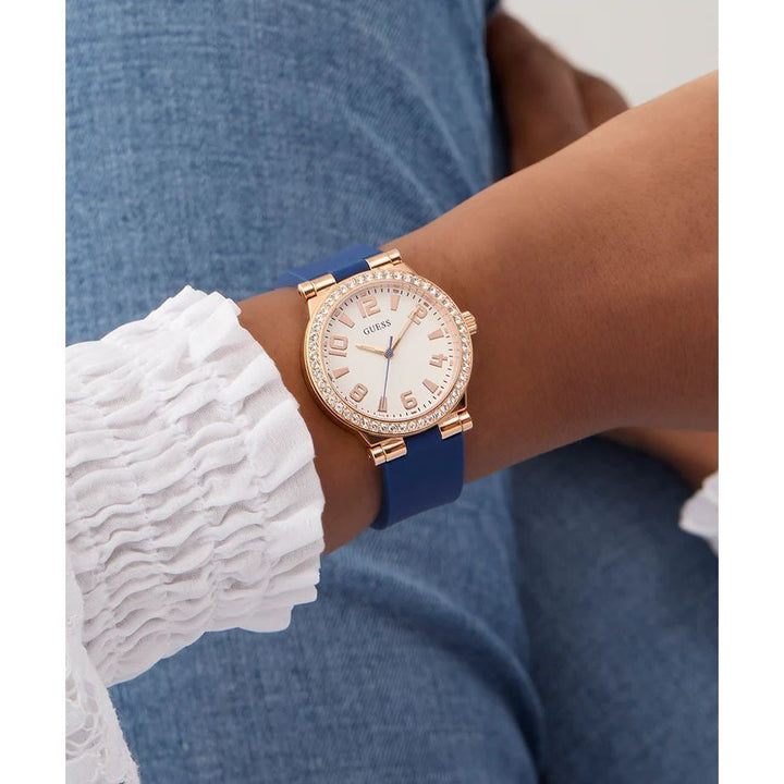 GUESS Ladies Blue Rose Gold Tone Analog Watch GW0844L3